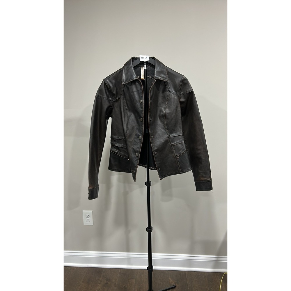 Vintage No Boundaries Distressed Faux Leather Biker Jacket Brown L NB38LP2347
